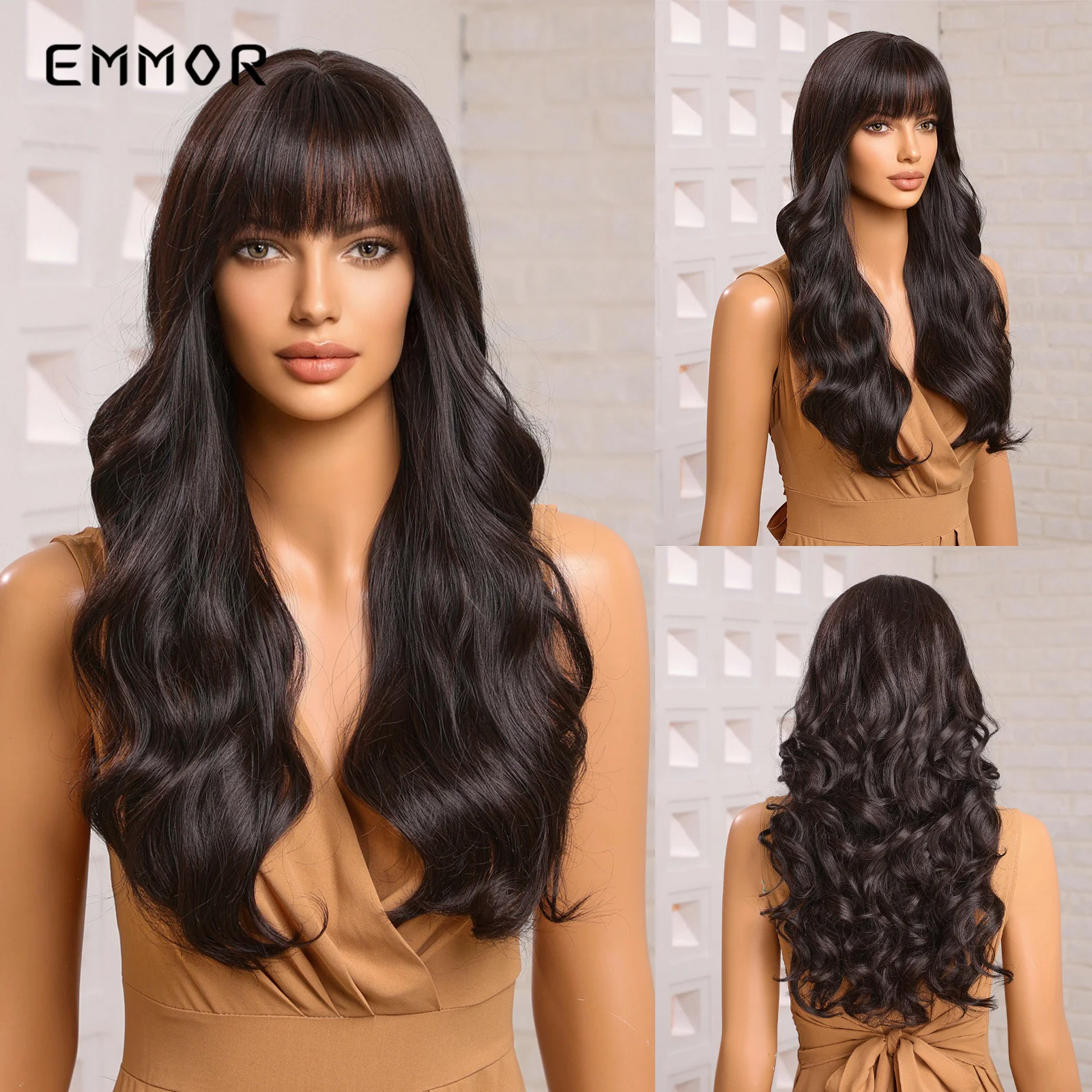 

Emmor натуральный черный парик, Синтетические длинные волнистые парики с челкой для женщин, ежедневный косплей, используется термостойкий парик из волокна