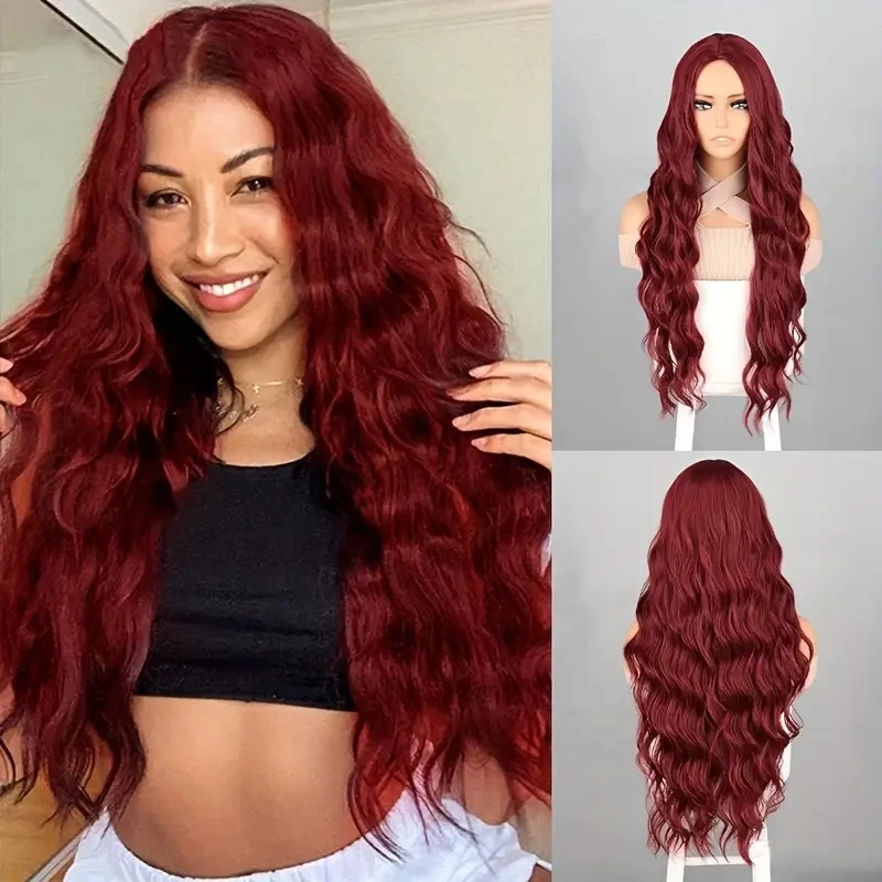 

26 Inches Long Burgundy Wavy Wig For Women, Middle Parted And Naturally Curly Synthetic Heat Resistant Hairpiece For Daily Wear