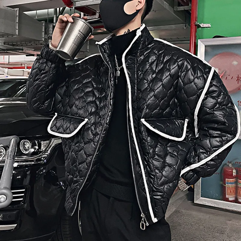 Winter Society Boy Lingge Short Parkas Men Loose Warm Pressed Cotton Padded Jacket White Edge Argyle Big Pocket Streetwear Coats