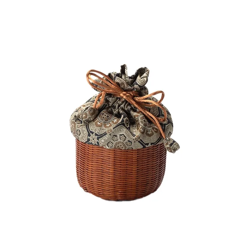 Chinese Style Handwoven Bamboo Tea Set Storage Bag - Portable Travel Case for Gaiwan/Cups, Drawstring Tea Accessories Pouch