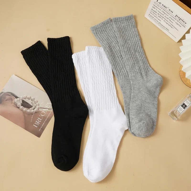 3 Pairs Autumn and Winter Women's Thickened Extra Long Warm Mid-calf Socks Solid Color Korean Ins Knitted Calf Socks