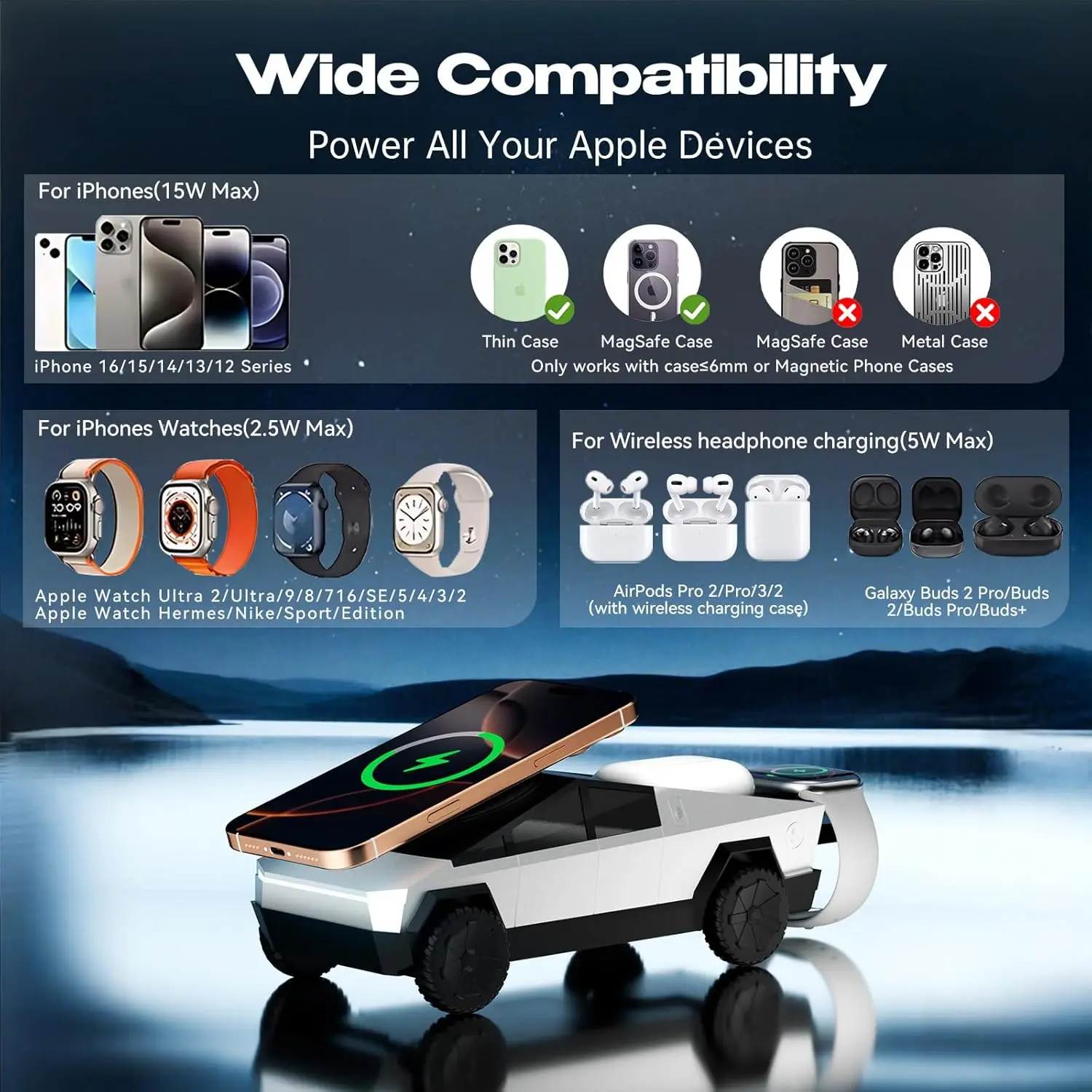 3 in 1 Magnetic Fast Wireless Charger Desktop Cybertruck Phone Stand IPhone 17 16 Pro Max Apple & Samsung Watch Airpods Pro