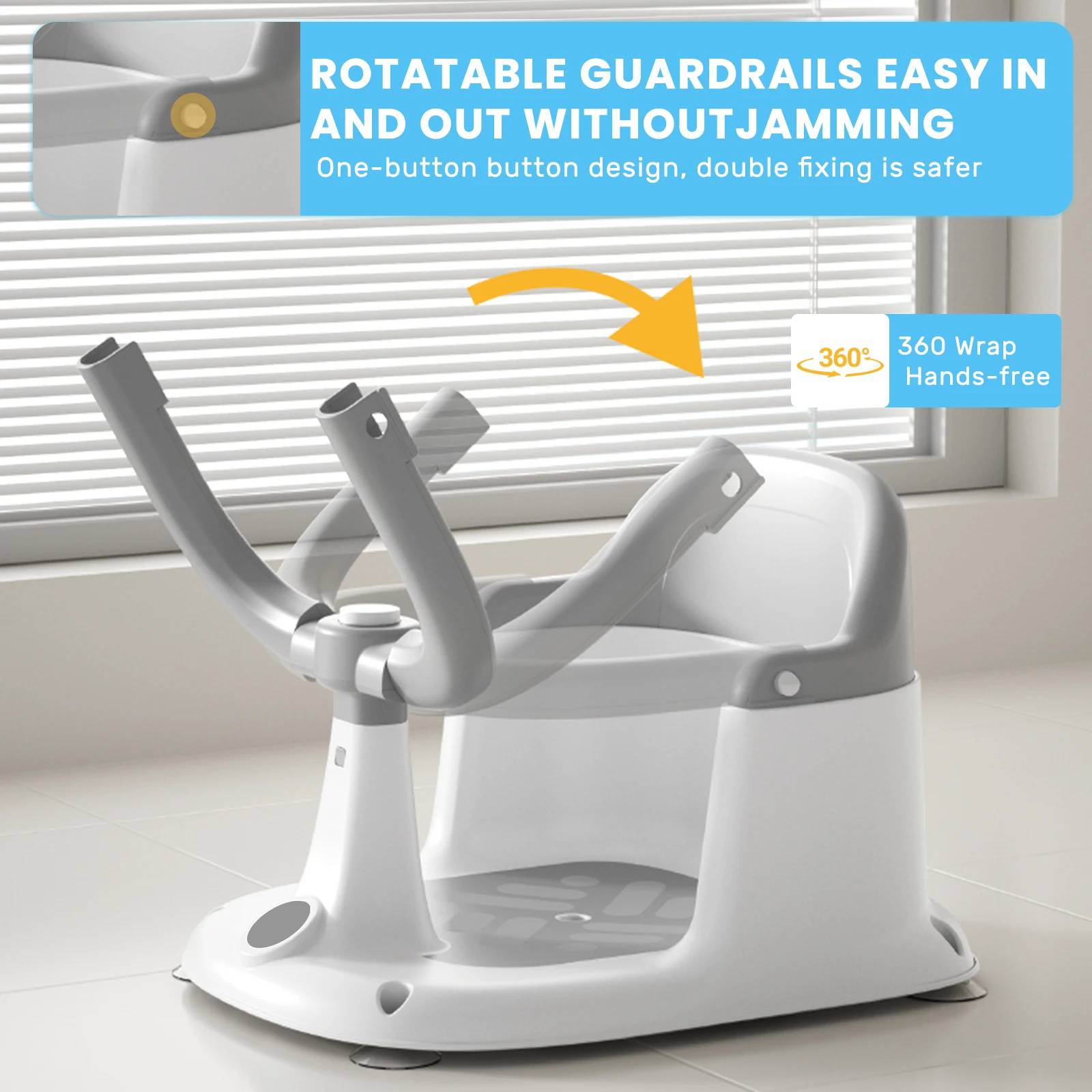 Upright Baby Bath Seat (6-24 Months) with Rotatable 360° Guardrail,