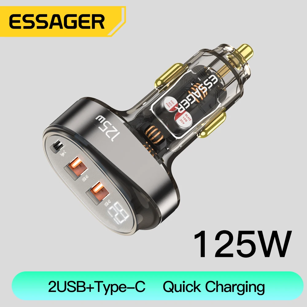 Car Charger Essager 125W Digital Display Fast Car Charger For iPhone iPad MacBook USB A C Quick Charger For Huawei Honor Xiaomi Samsung OPPO
