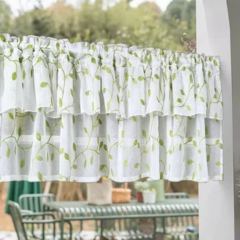 Green Leaf Embroidered Short Curtains Sheer Half Window Panel Gauze Kitchen Living Room Cabinet Decor Tulle Window Drapery 1