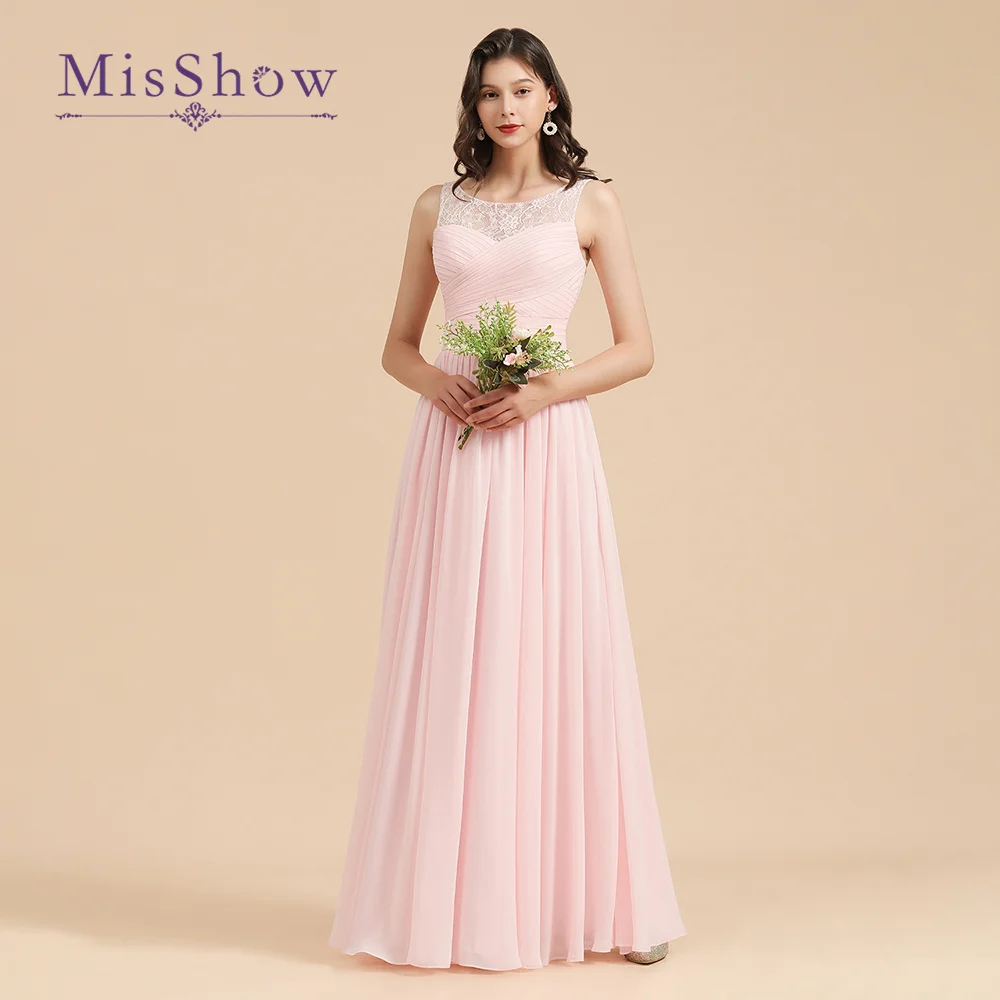 

MisShow Custom Pink Lace Bridesmaid Dresses Long Elegant Engagement Robe Chiffon Evening Robes A-line Birthday Gift Women SALE
