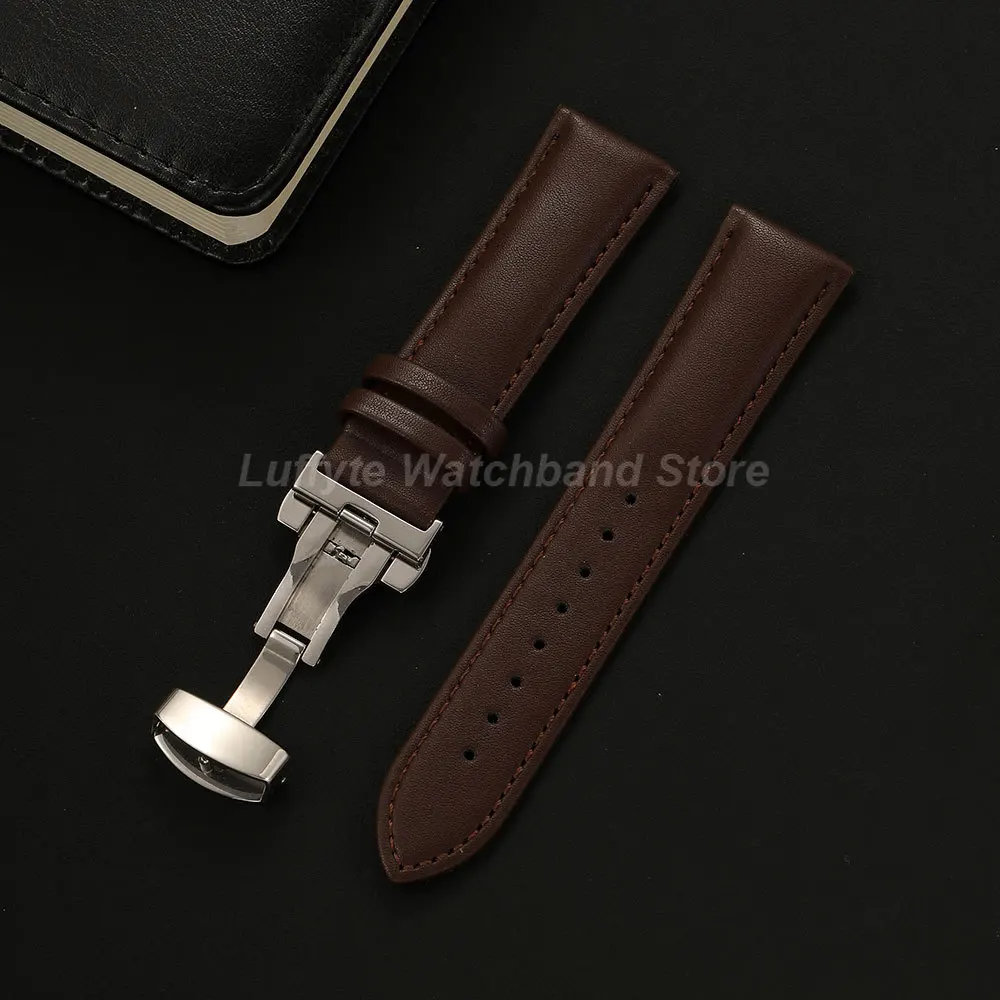 Classic Black and Brown Leather Watch Band with Butterfly Clasp Buckle – Elegant Replacement Strap