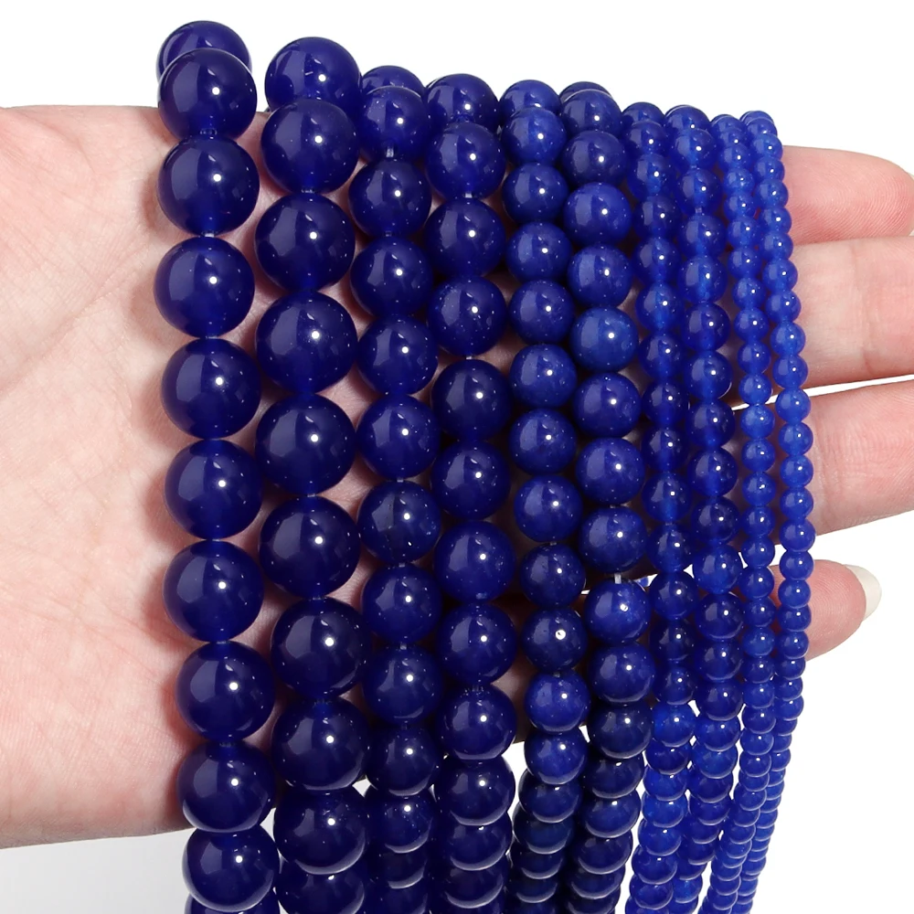 Natural Dark Blue Chalcedony Stone Bead Round Gem Beads for