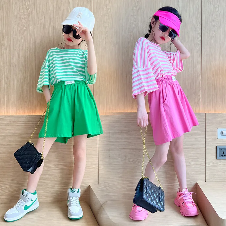 

Summer Girls Clothing 9 years Cute Outfit Set Striped Tops Colorful Shorts Two Pieces Fashion Casual Teens Clothes