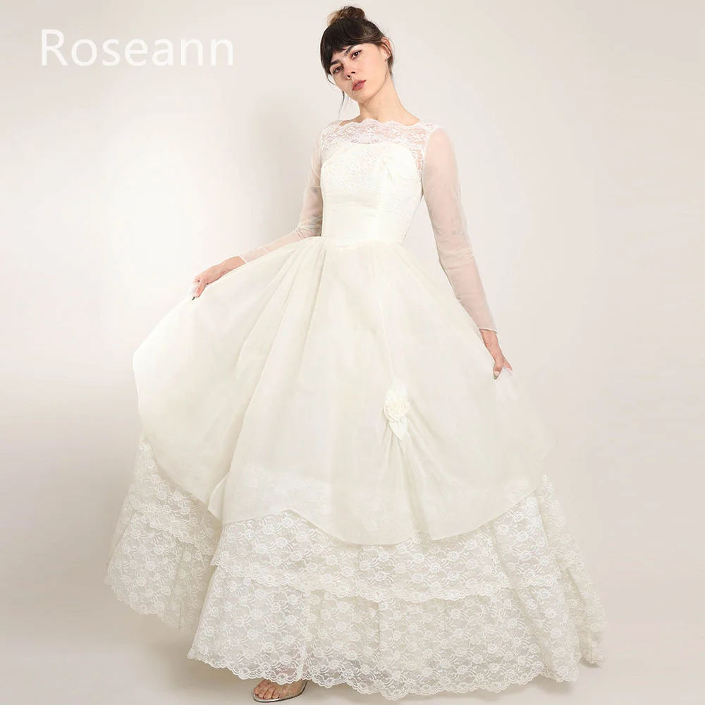 

Muslim A-line Wedding Dresses Layered Tulle Satin O-Neck Draped Pleat Applique Full Brideing Gown Floor Length robe de mariée