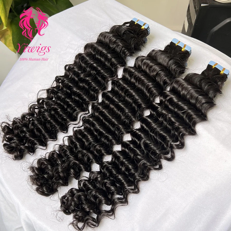 Deep Wave Tape In Extensions Unprocessed Raw Human Hair Invisible PU Skin Weft Tape For Women