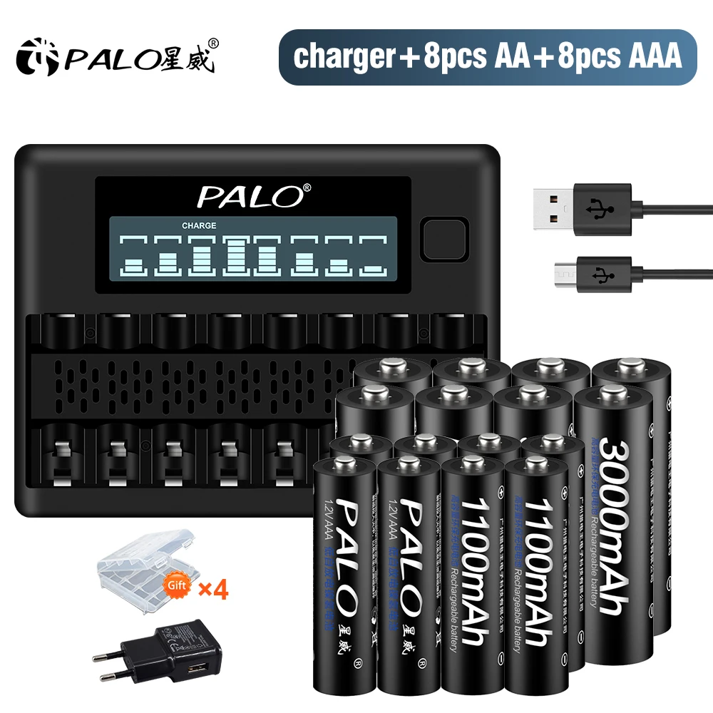 Palo 8-40 Pz 1.2V Aa + Aaa Batteria Ricaricabile Aa Hr6 Nimh 2A Batterie Aaa Ni-Mh Batteria Con 8 Slot Caricabatteria Aa Aaa