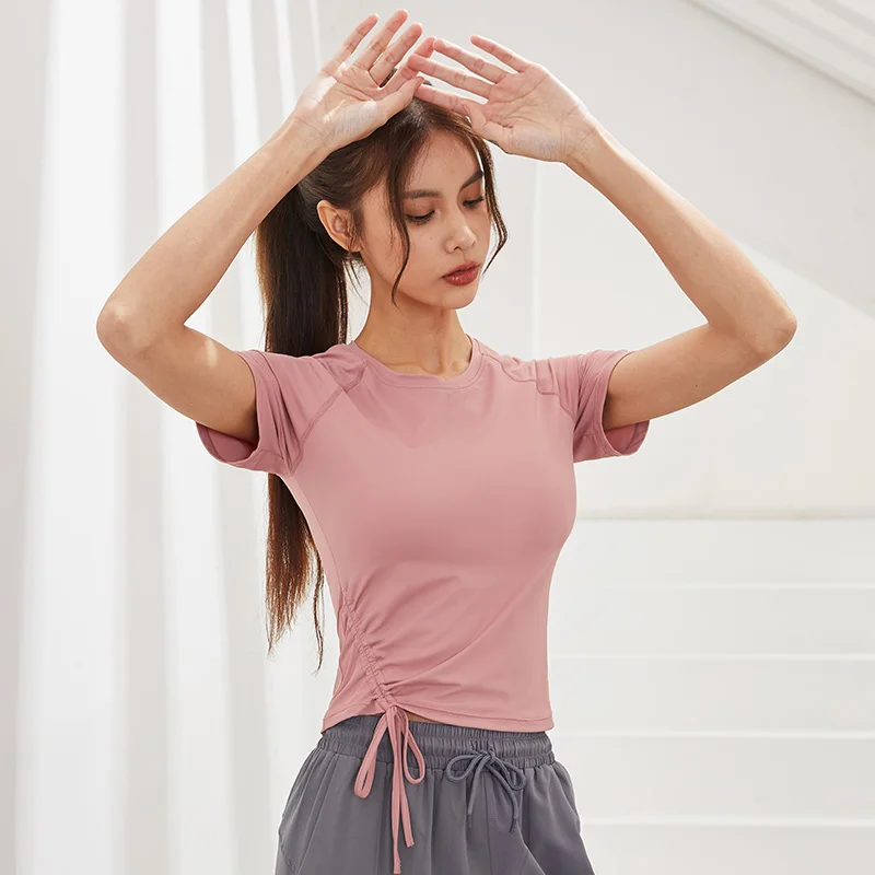 Sexy Fitness Women's Shirts Elastic Yoga Sport Tights Quick Drying T Shirt Gym Running Tops Lace Up Drawstring Short Sleeve Tees