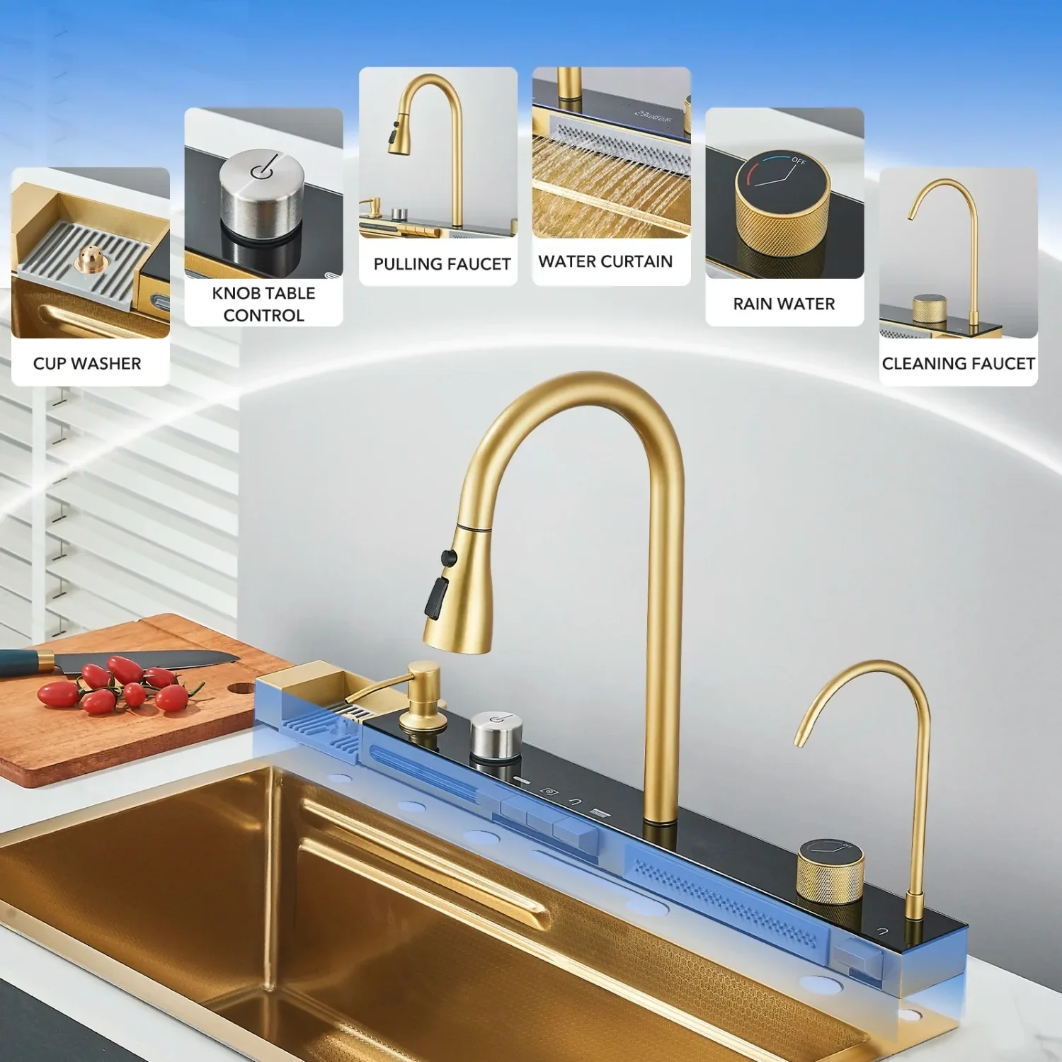 29.5" Gold Smart digital display waterfall sink, 304 Stainless Steel Modern kitchen sink with 5 Water Outlet Modes