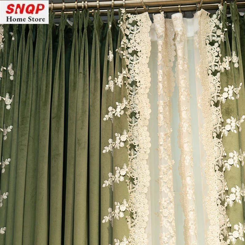European Lace Green Velvet Luxury Curtains for Living Room Bedroom Dining Tulle Window Blackout Embroidered Elegant Decor