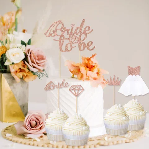 

Bride To Be Cake Cupcake Toppers 3D Diamond Ring Wedding Dress For Engagement Bridal Shower Bachelorette Hen Party Decor 1set