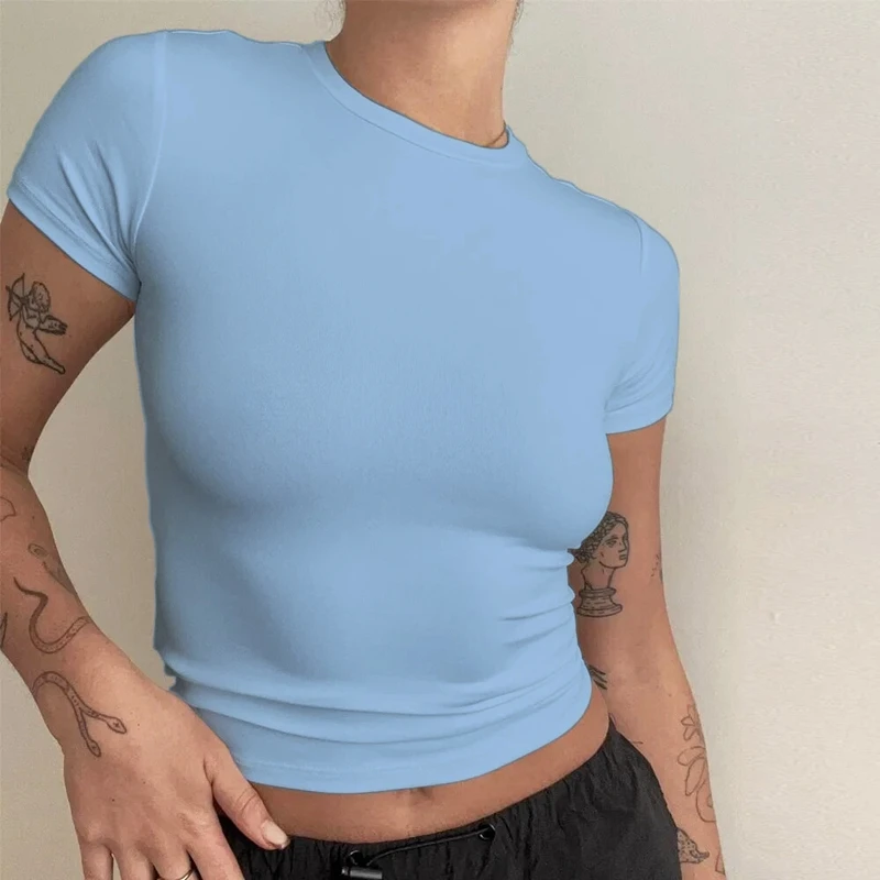 Woman Clothing Short Sleeve T-shirt Slim Fit Tops Female O-Neck Knitted...