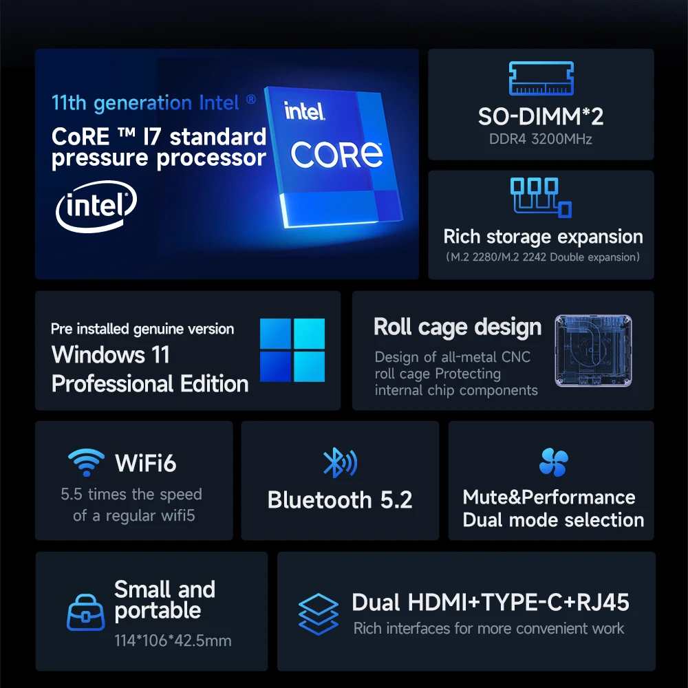 GMKtec M2 Mini Pc Intel i7 11390H DDR4 NVME SSD 4C/8T Windows 11 Pro 16GB 512GB WiFi6 BT5.2 Desktop Gaming Computer Pc