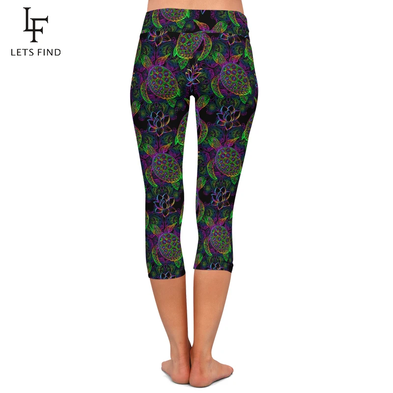 LETSFIND Summer Women Fitness Capri Leggings High Waist Sea Turtles Print Mid-Calf Stretch Black Leggings
