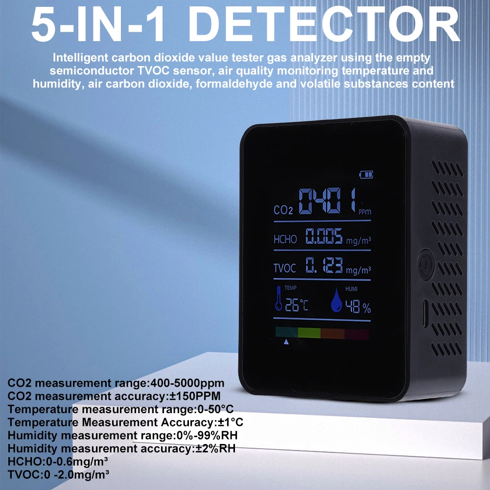 5 in 1 Digital Air Quality Monitor CO2 Tester
