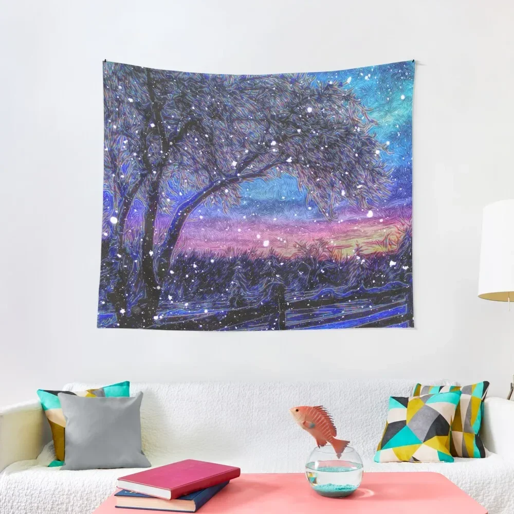 

Elegant purple blue winter sunset farm landscape trees and fence Tapestry Room Decorations Aesthetic Bedrooms Decor Tapestry