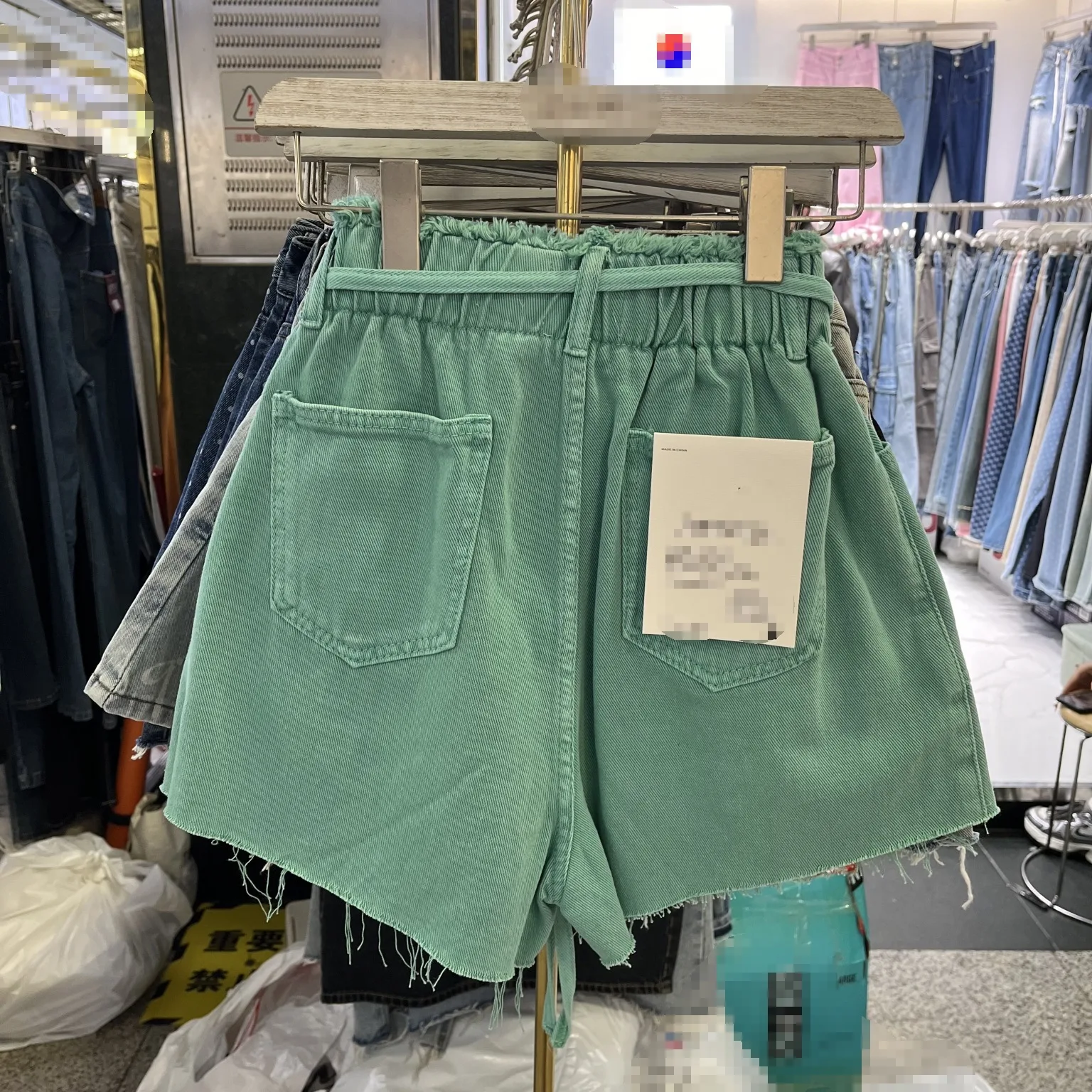 Korean Style Casual Elastic Waist Lace-up Green Short Jeans for Women 2024 Summer New Loose High Waist Wide Leg Hot Pants Female