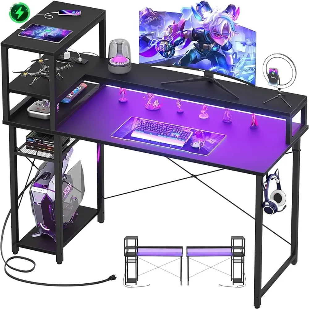 

47" Gaming Desk With Storage Folding Sofa Bed Table for Laptop Bed Computer Desk With LED Lights Black Freight Free Home Office