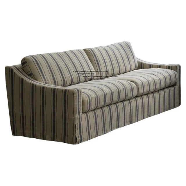 Nordic Wabi-Sabi Mid-Century Striped Linen Fabric Two-Three Seater Sofa, Detachable and Washable, Living Room Furniture 6