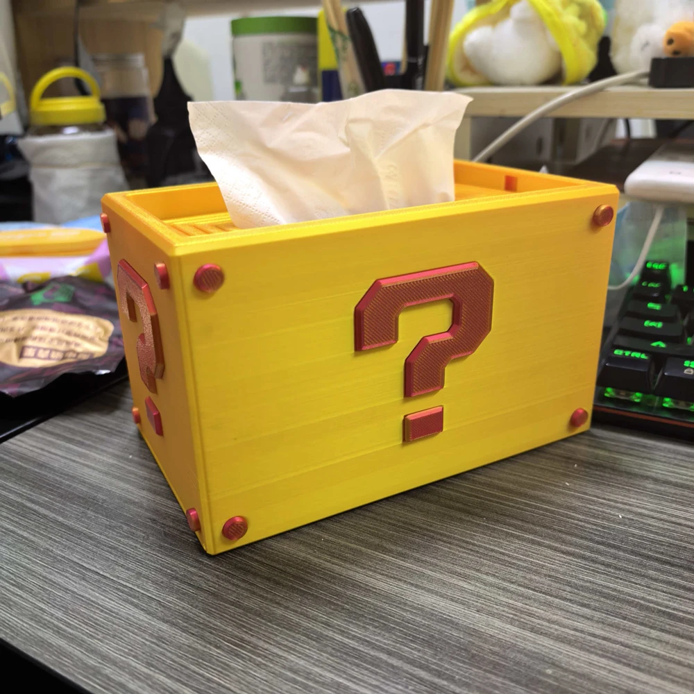 3D Printed Question Block Tissue Box with Auto Lowering Design for Decor Self Lowering Top for Easy Last Tissue Access