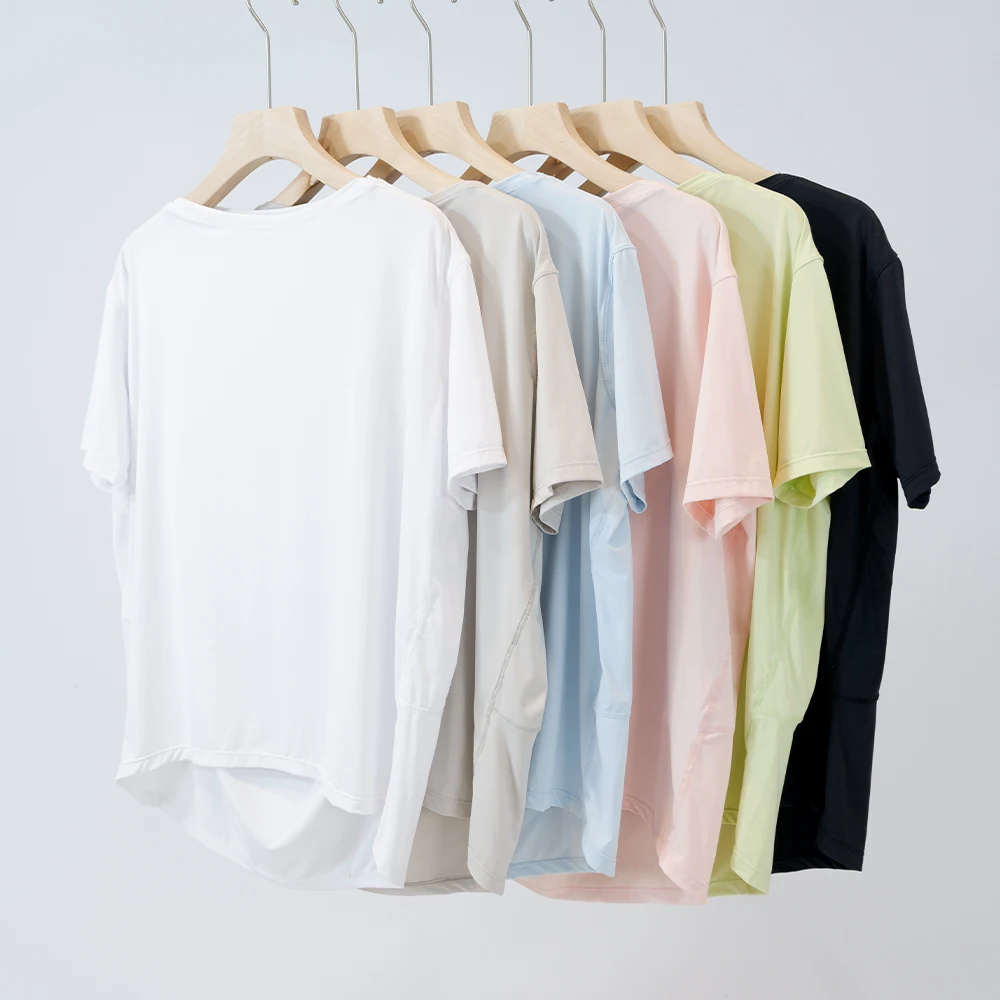 Sunscreen ice silk short sleeved yoga suit summer camping slimming loose elastic quick drying round neck soft T sports fitness