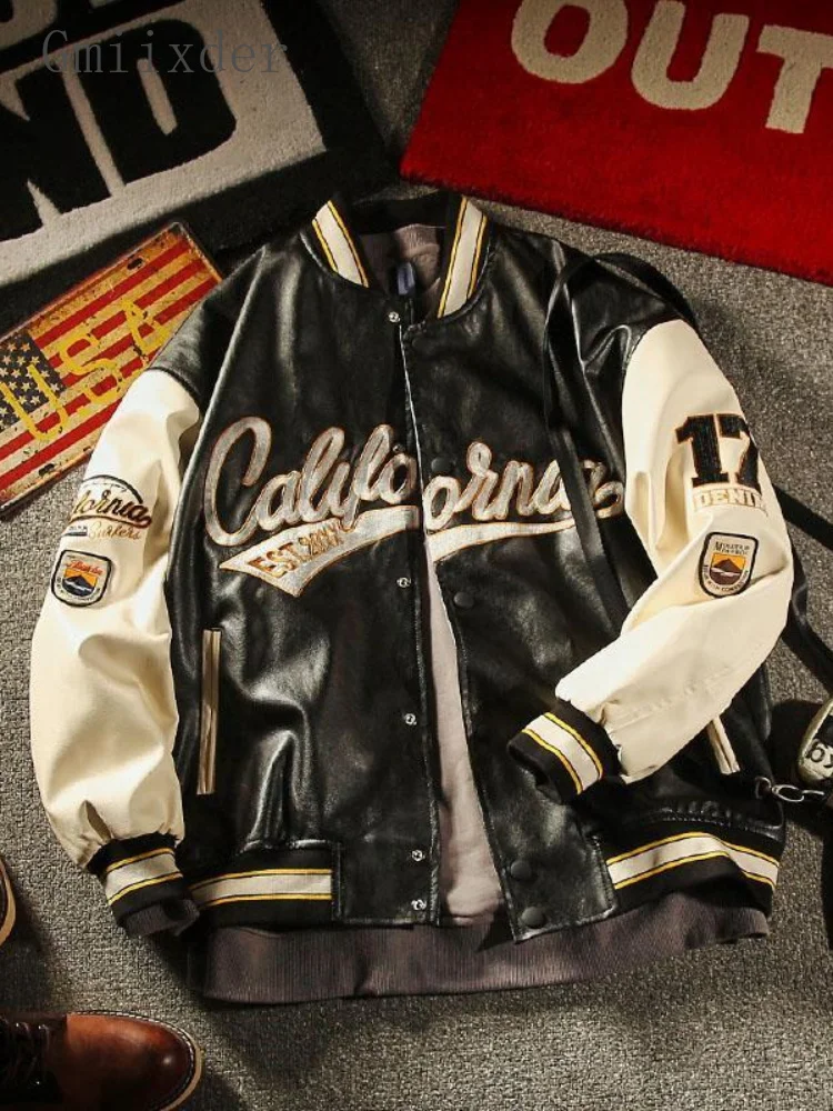 

American PU Leather Baseball Uniform Men's Autumn Winter Thickened Bomber Jacket Loose Casual Patch Design Men Clothing