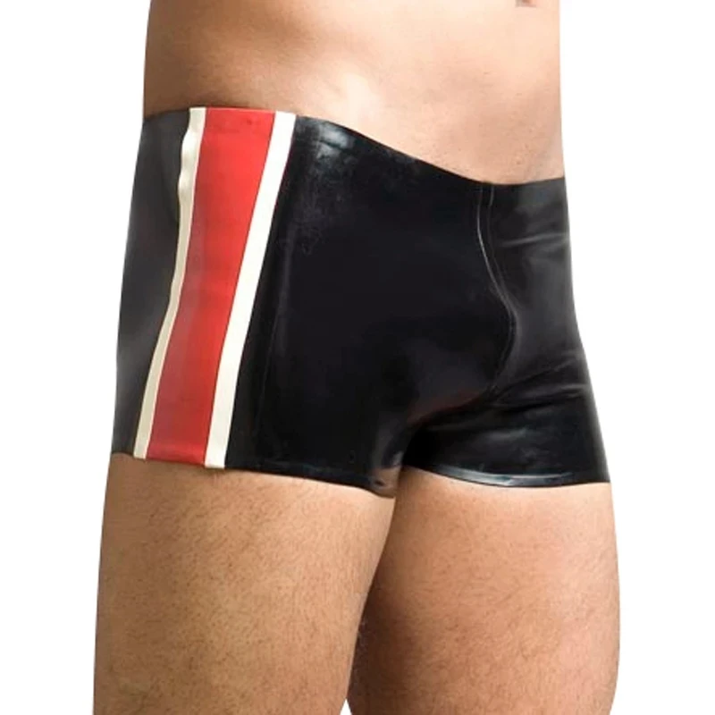 

Sexy Latex Boxer Shorts Black and Red White with Trims 2 Sides Rubber Underwear for Men