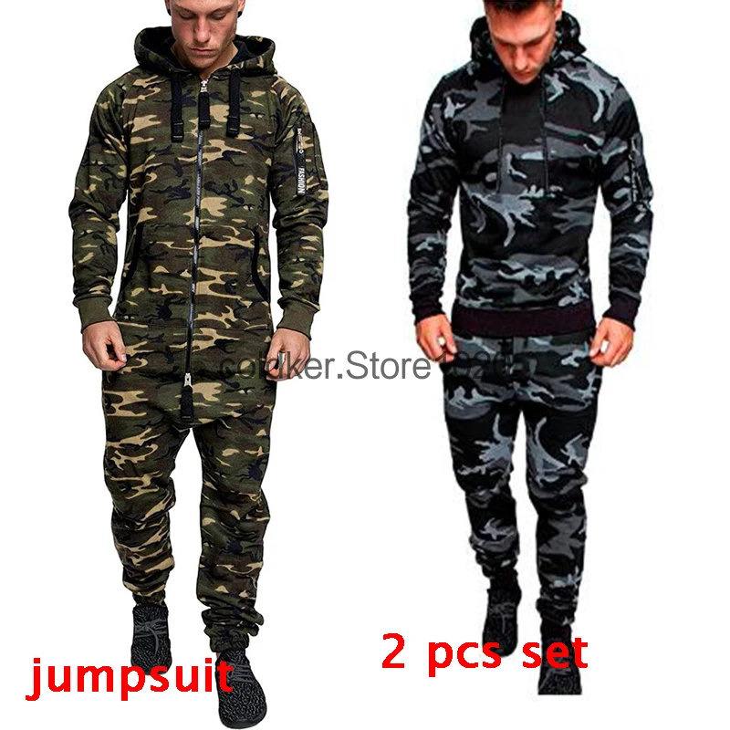

Новые модные мужские камуфляжные комбинированные осенние зимние повседневные свободные теплые толстовки с длинным рукавом и капюшоном штаны на молнии Комбинезоны Комбинезон