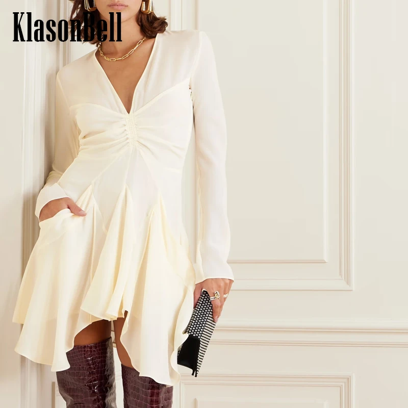 

11.3 KlasonBell Elegant Temperament V-Neck Ruched Collect Waist Spliced Pocket Asymmetrical Hem Midi Dress Women