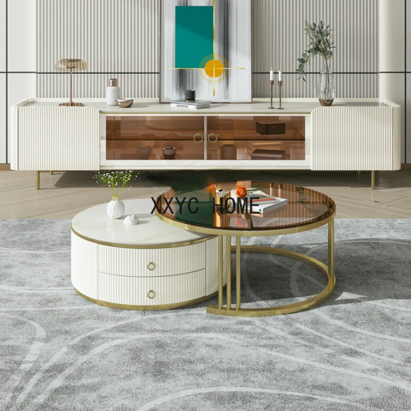 

Stone Plate Paint Surface Coffee Table TV Floor Cabinet Size round Tea Table Combination