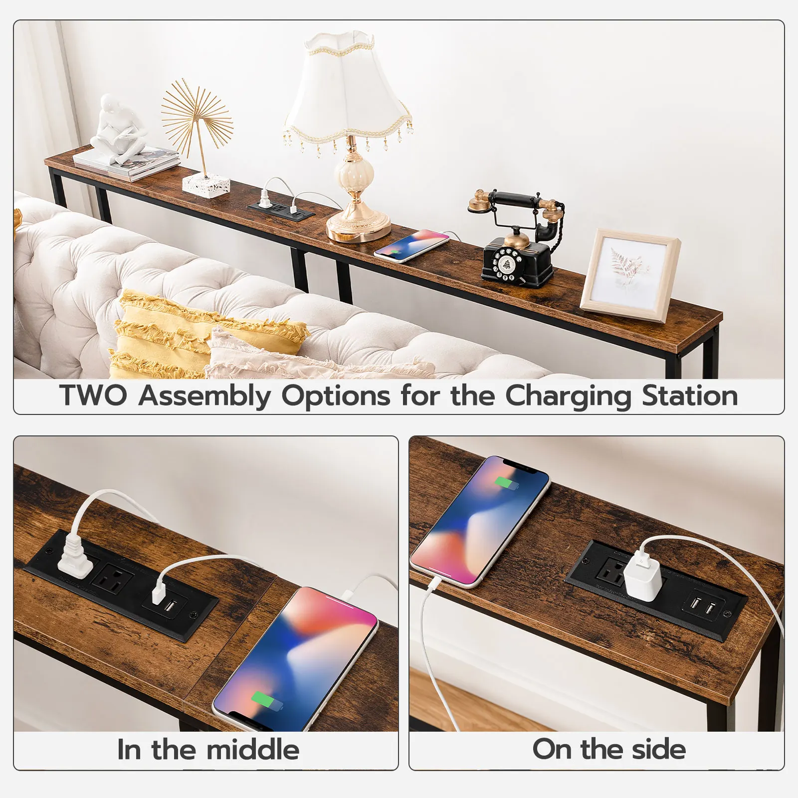 5.9" Skinny Console Table with Charging Station 63" Narrow Console Table with Power Outlets Long and Thin Sofa Slim