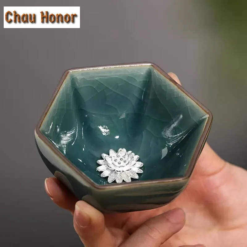 80ml High-end Ge Kiln Inlaid Silver Zodiac Signs Six Petals Cup Handmade Household Ceramics Master Teacup Chinese Kung Fu Teaset