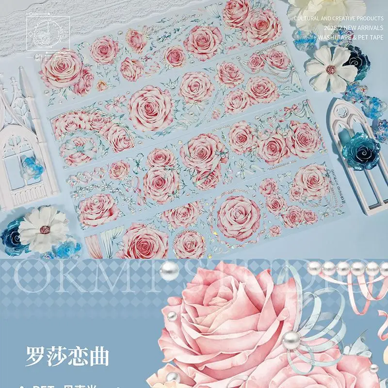 꽃이 만발한 아침 이슬 백합과 달빛 이슬 방울 디자인을 특징으로 하는 OKMT PET 스티커 및 와시 테이프