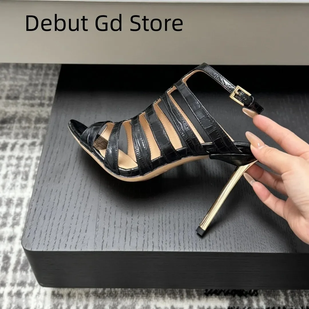 

Top quality 2024 new women's summer high heel sandals with embossed design, slim heel sexy sandals, ankle buckle high heels