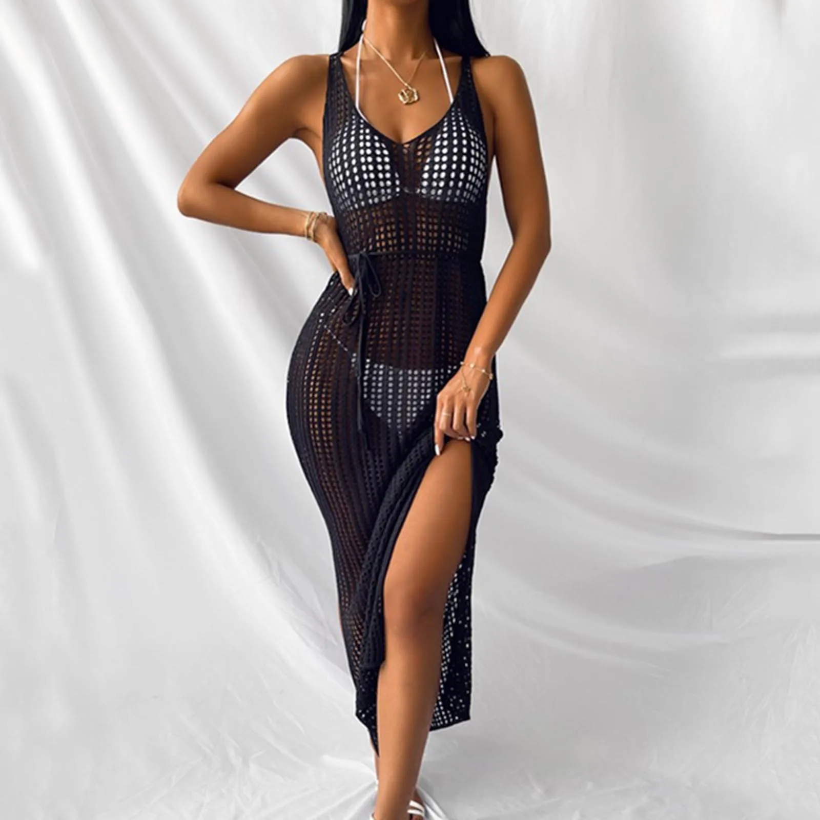 Sleeveless Knit Dress Split Skirt Swimwear Pool Beachwear Womens Loose Bathing Suit Hollow Out Cover Ups fishnet cover up swimsuit cover up swimsuit coverup beach dress set