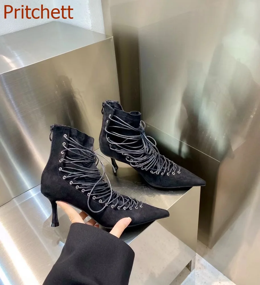 Pointed Toe Solid Women Boots Short Boots Cross Tied Zipper Thin Heels Runway Show Fashion Causal Women Shoes 2023 New Arrivals