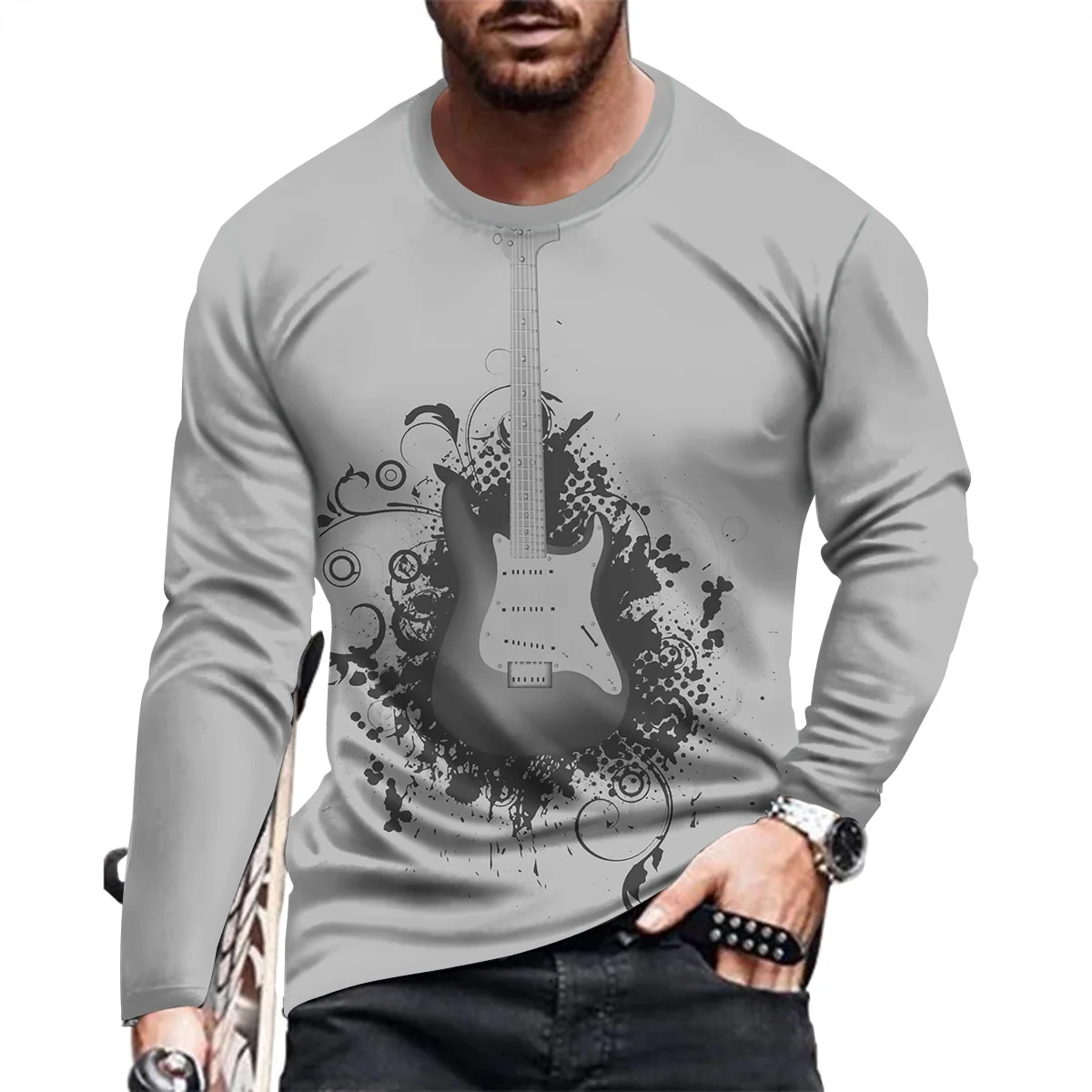 

Guitars Vintage Print Summer Men's Round Neck T-shirt Casual Long Sleeve Oversized T Shirt Fashion Pullover Trend Men Clothing