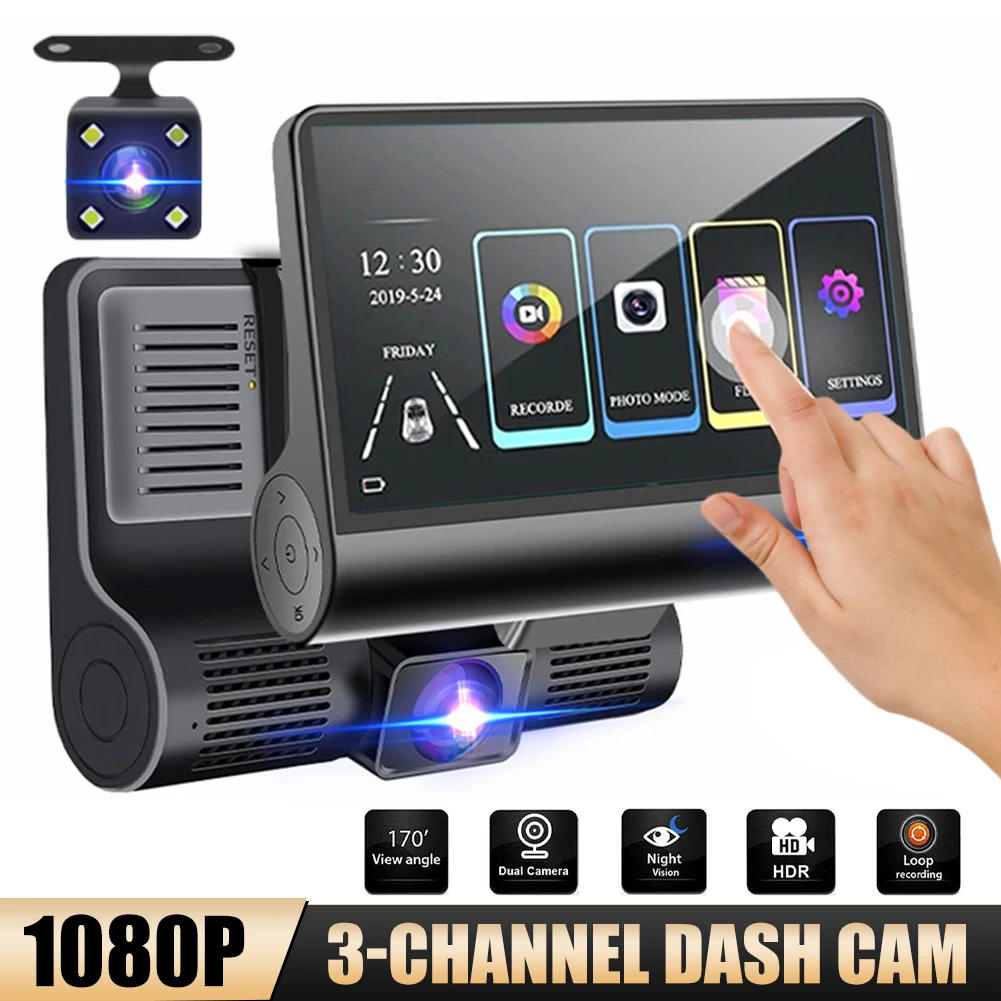 

1080P Dash Cam Front Inside Rear Camera 3 Channel Recorder 4" Touch Screen Night Vision Loop Recording G-Sensor Parking Monitor