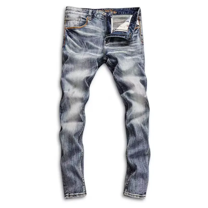 Fashion Streetwear Men Jeans High Quality Retro Washed Blue Elastic Slim Fit Ripped Jeans Men Vintage Designer Denim Pants Homme