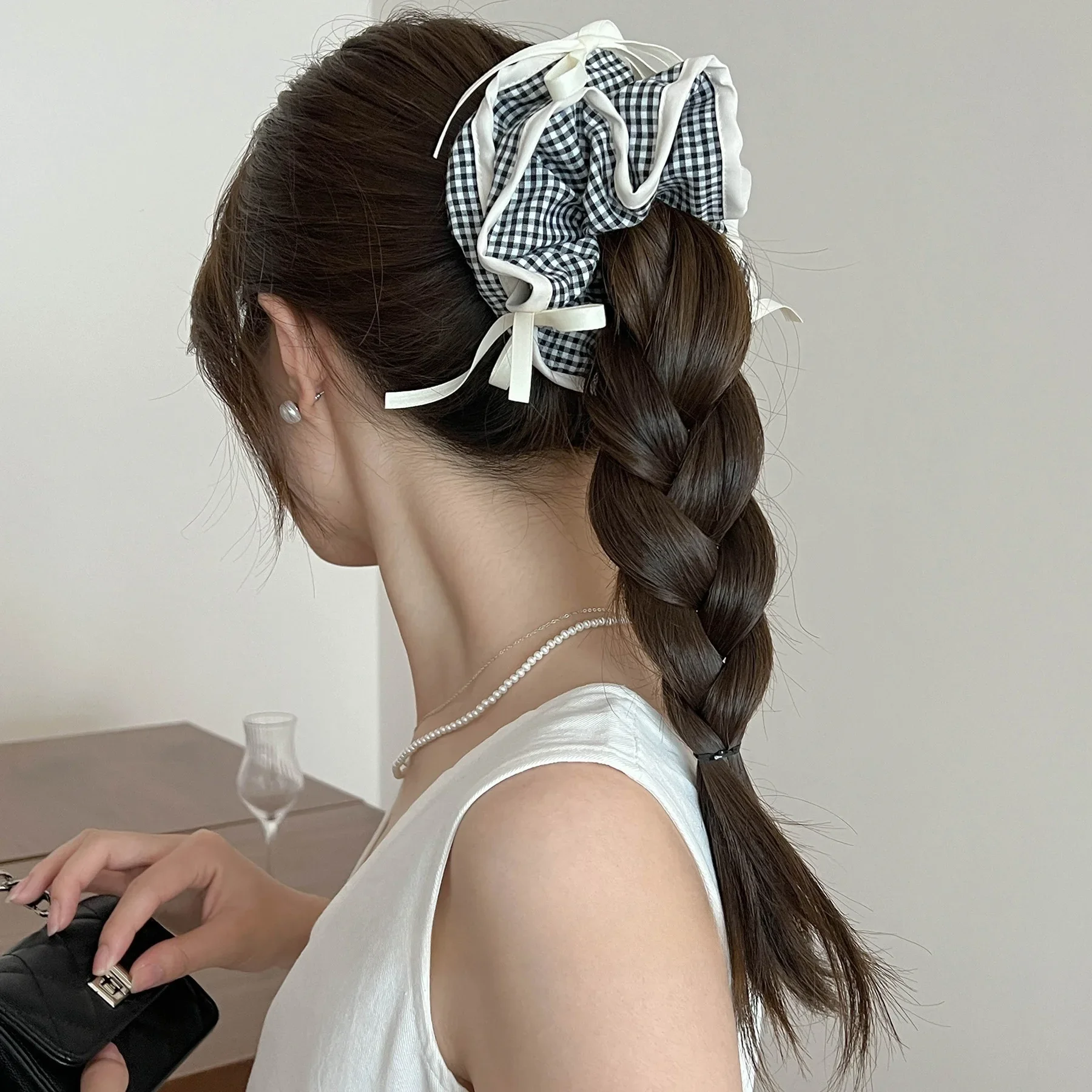 Elegant Black and White Plaid Scrunchie Hair Accessory