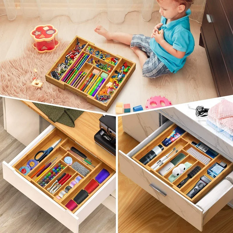 Bamboo Expandable Kitchen Drawer Storage Box Fork Tableware Knife Tableware Retractable Partitioned Organizing Box, 4