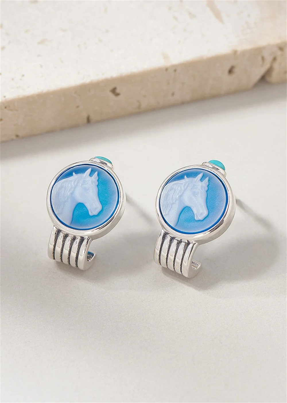 Silver Blue Agate Little White Horse Ear Studs