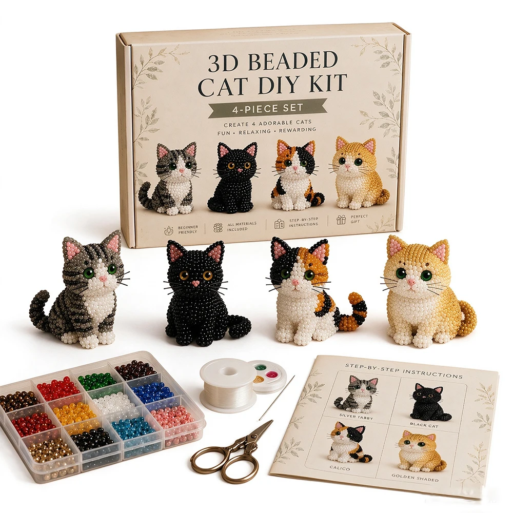 Kit fai da te con perline 3D a forma di gatto, set di 4 modelli di gattini in perline per principianti, idea regalo - immagine 6