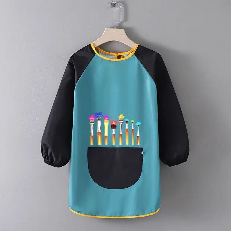 Kids Paint Apron Artist Uniform for Children Working Pocket Waterproof Apron for Painting Baby Eating Brush Pattern Sleeved Bib 3