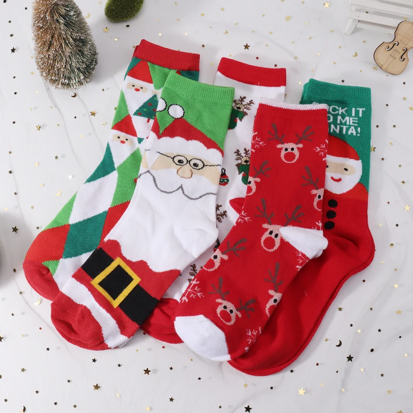 

1pair Cartoon Cute Santa Claus Elk Snow Fun Happy New Year Winter Gift Cotton Christmas Socks Men And Women